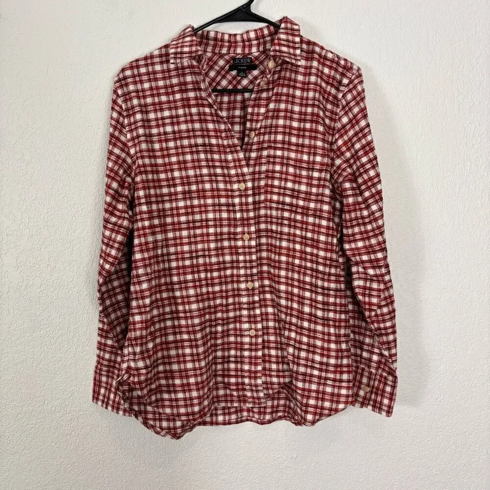 J. Crew‎ Red & White Plaid Classic Fit Collared Button Up Flannel Top Size 6
